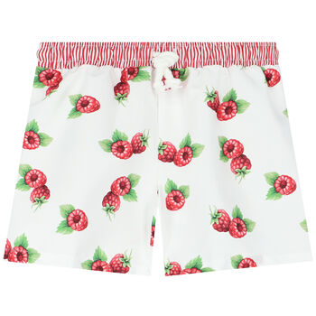 Boys White & Red Raspberries Swim Shorts