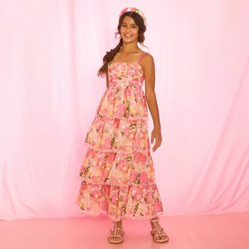 Girls Pink Floral Embroidered Tiered Dress