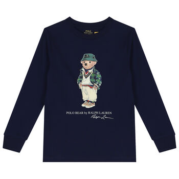 Boys Navy Blue Polo Bear Long Sleeve Top