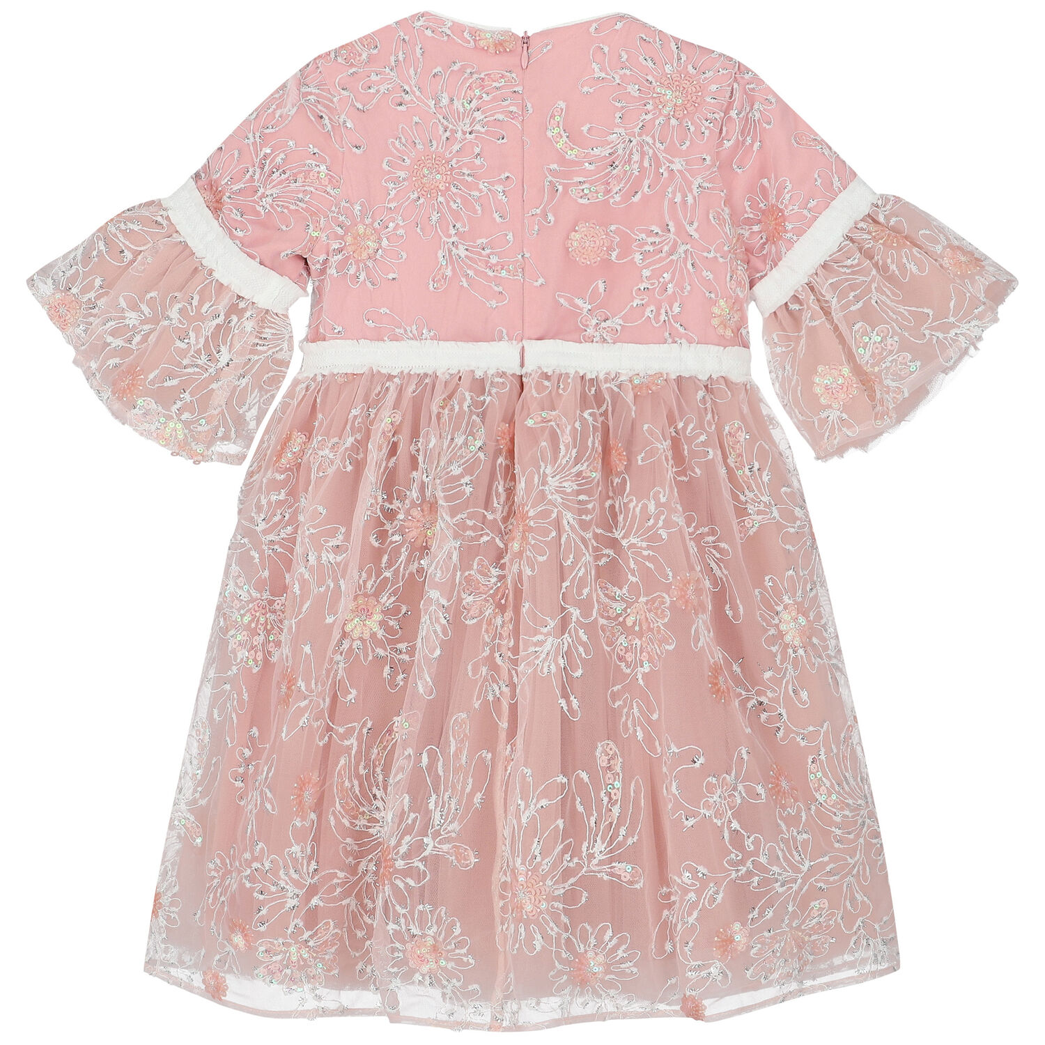Girls Pink Embroidered Sequin Tulle Dress, 1, hi-res image number null