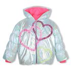 Girls Silver Iridescent Heart Puffer Jacket, 1, hi-res