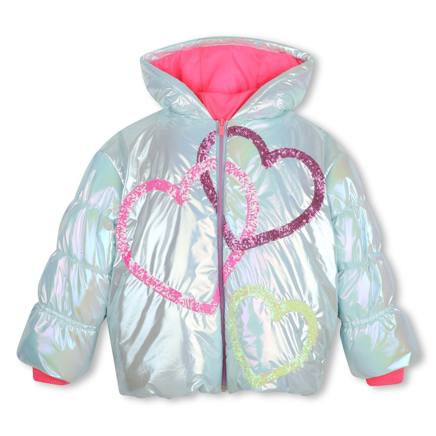 Girls Silver Iridescent Heart Puffer Jacket, 1, hi-res