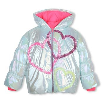 Girls Silver Iridescent Heart Puffer Jacket