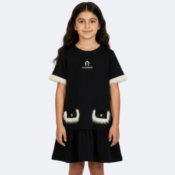 Girls Black & Ivory Logo Dress