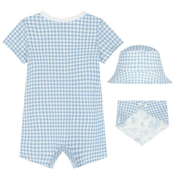 Baby Boys White & Blue Gingham Logo Romper Gift Set
