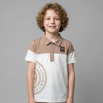 Boys White & Beige Logo Polo Shirt 