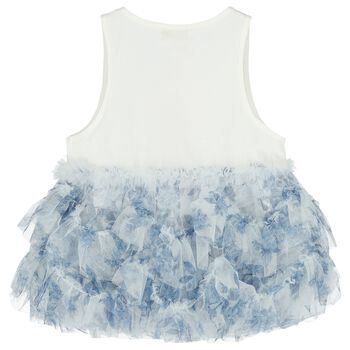 Girls White & Blue Floral Tulle Top