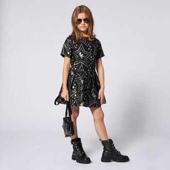 Girls Black & Silver Logo Jacquard Dress