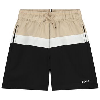 Boys Beige & Black Logo Swim Shorts