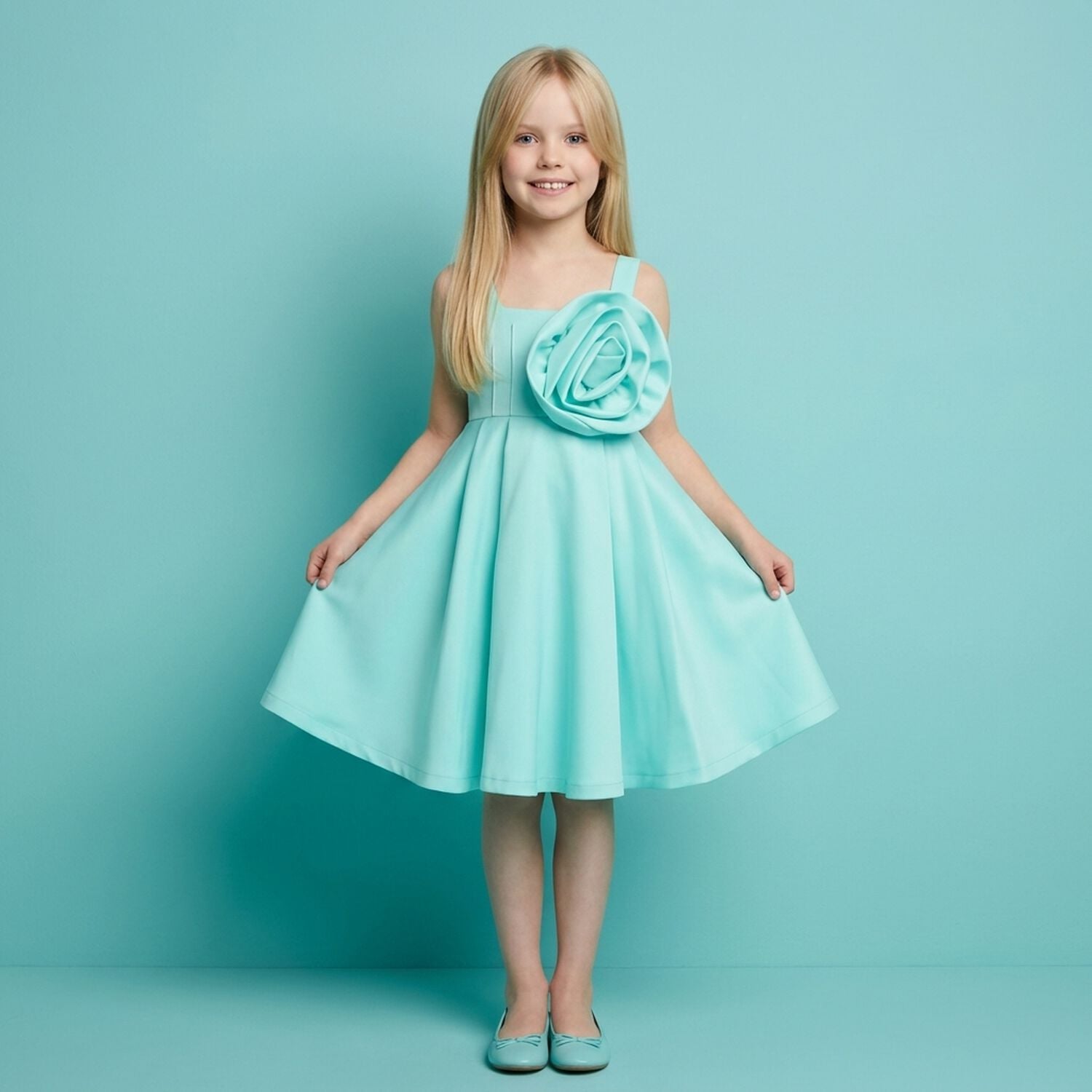 Girls Aqua Satin Floral Applique Dress, 1, hi-res