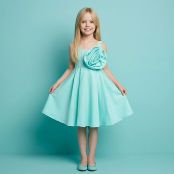 Girls Aqua Satin Floral Applique Dress