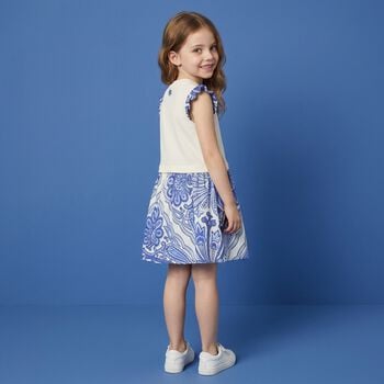 Younger Girls Ivory & Blue Floral Paisley Dress