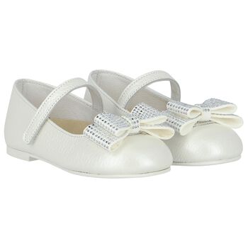 Girls White Embellished Bow Shoes