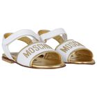 Girls White & Gold Leather Logo Sandals, 1, hi-res