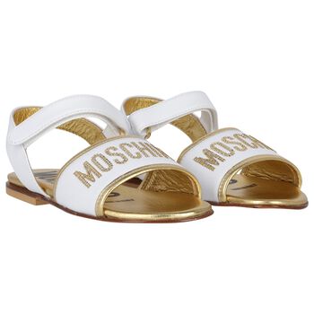 Girls White & Gold Leather Logo Sandals