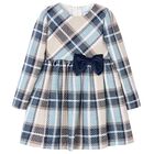 Girls Blue & Beige Bow Checked Dress, 3, hi-res