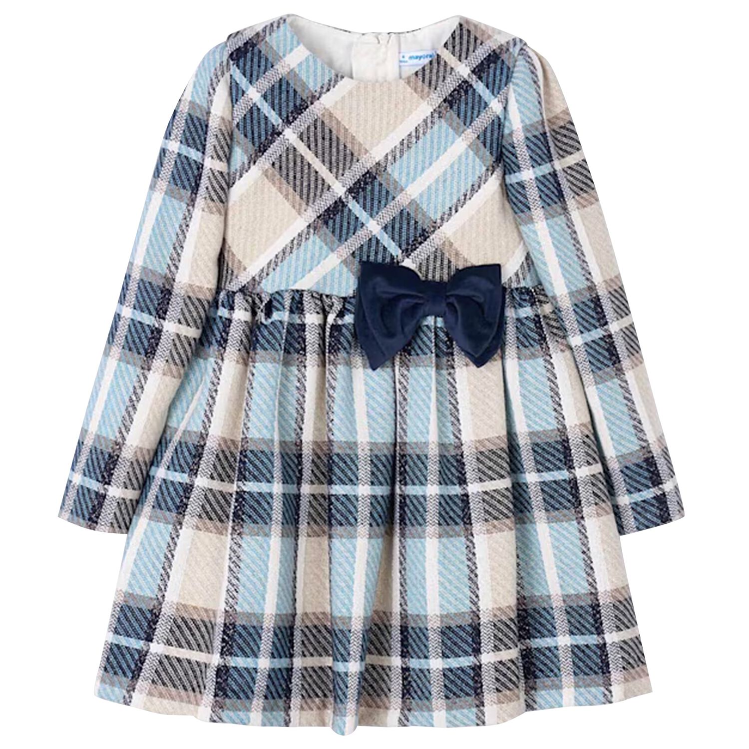 Girls Blue & Beige Bow Checked Dress, 3, hi-res