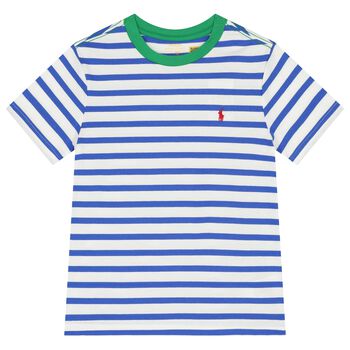 Boys White & Blue Striped Logo T-Shirt