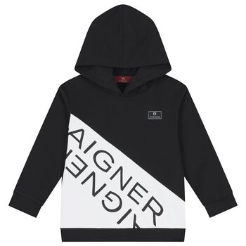 Boys Black & White Logo Hooded Top