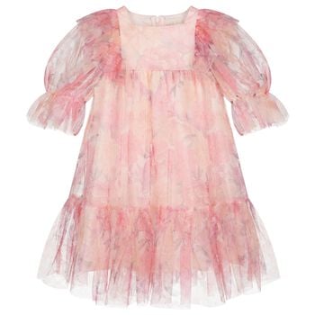 Girls Pink Floral Ruffled Tulle Dress