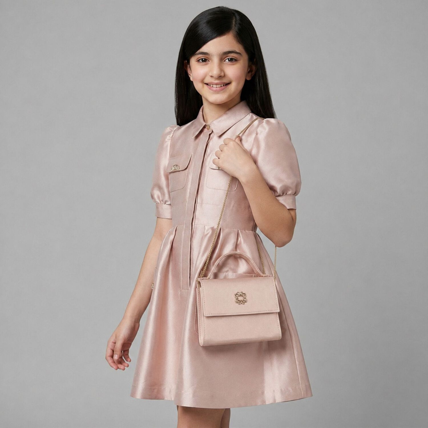 Girls Pink Satin Handbag, 1, hi-res