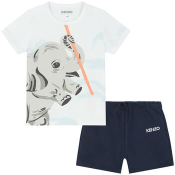 Younger Boys White & Navy Blue Logo Shorts Set