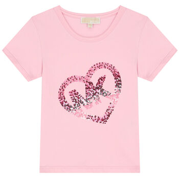Girls Pink Sequin Heart Logo T-Shirt