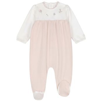 بدلة للبنات مزينة بنقوش زهور باللون الأبيض والبيج