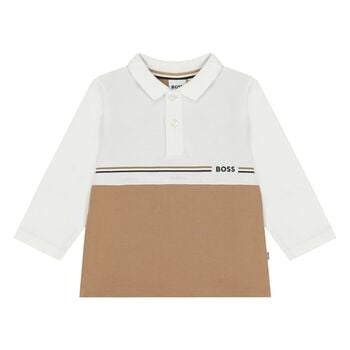Younger Boys White & Beige Logo Polo Shirt