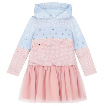 Girls Blue & Pink Embellished Hooded Dress