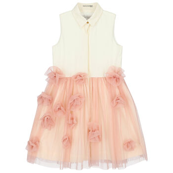 Girls Ivory & Pink Tulle Flower Dress