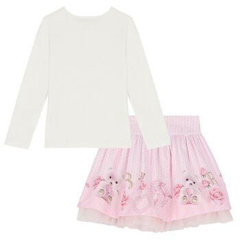 Girls Ivory & Pink Teddy Skirt Set