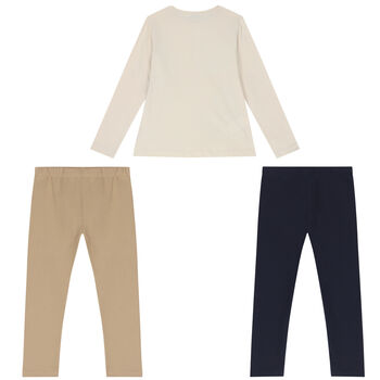 Girls Ivory, Beige & Navy Blue Leggings Set