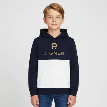 Boys Navy Blue & White Logo Hooded Top