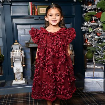 Girls Burgundy 3D Flower & Sequin Ivy Dress