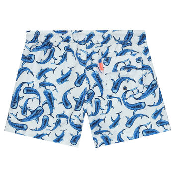 Boys White & Blue Sharks Swim Shorts