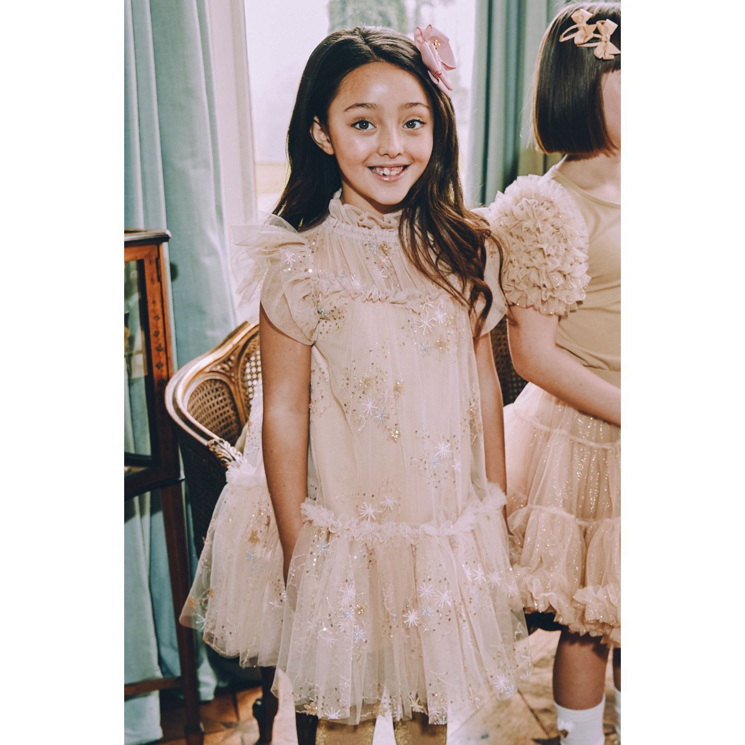 Girls Beige & Gold Tulle Dress, 1, hi-res image number null