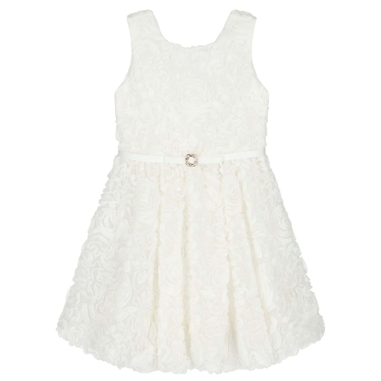 Girls White 3D Rosette Dress, 1, hi-res