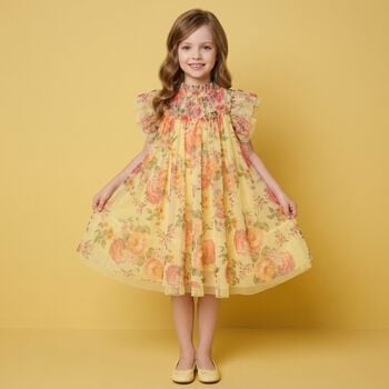 Girls Yellow & Pink Floral Tulle Dress
