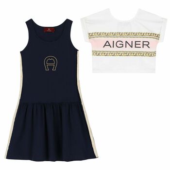 Girls Navy Blue and White Logo Dress Set