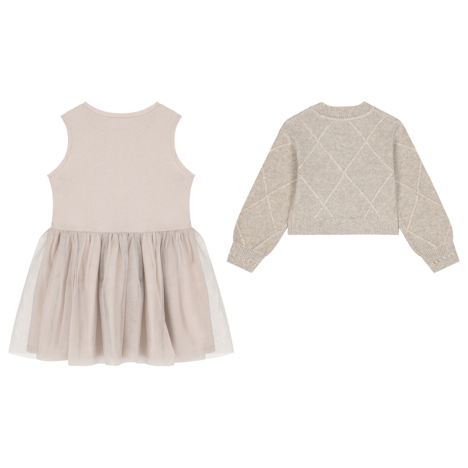 Girls Beige Tulle Dress Set, 1, hi-res