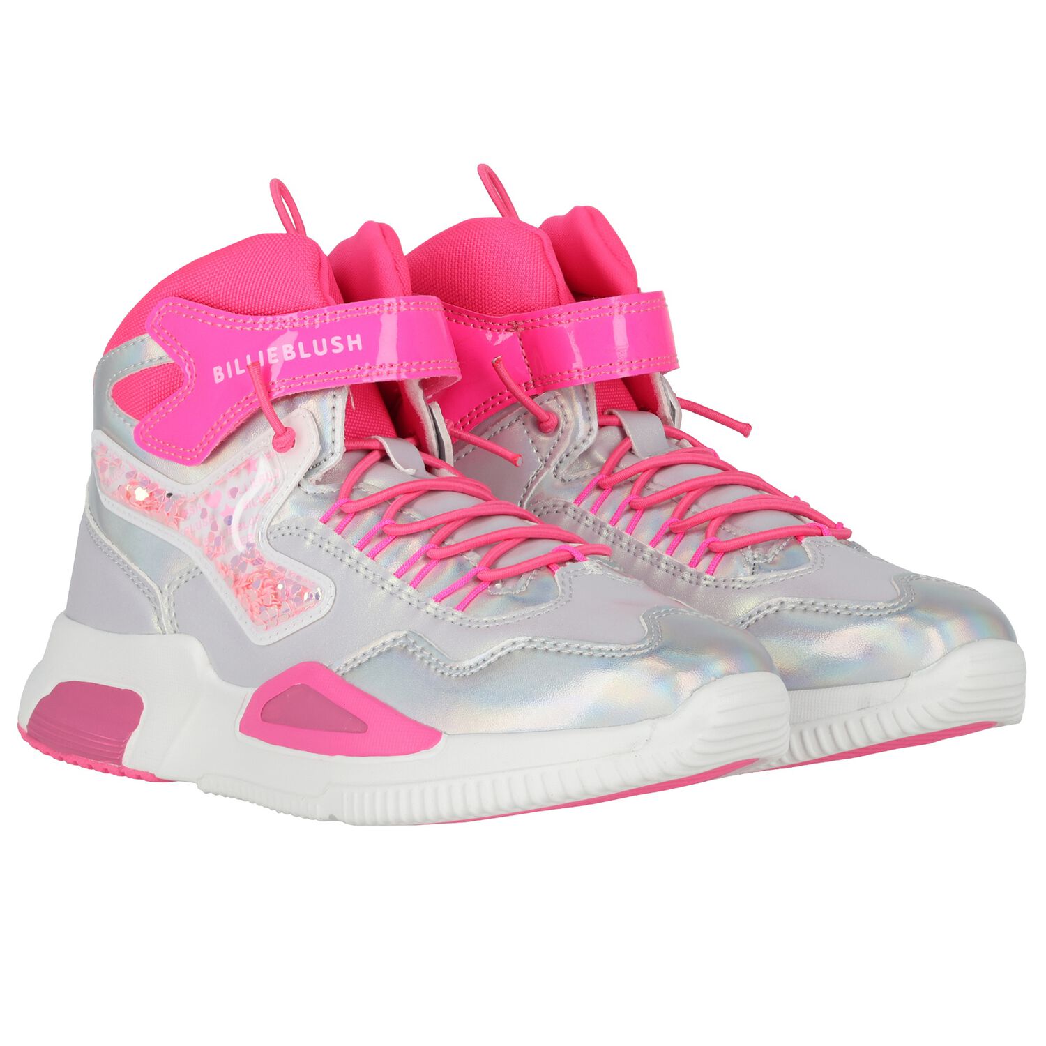 Girls Silver & Pink Faux Leather Trainers, 1, hi-res