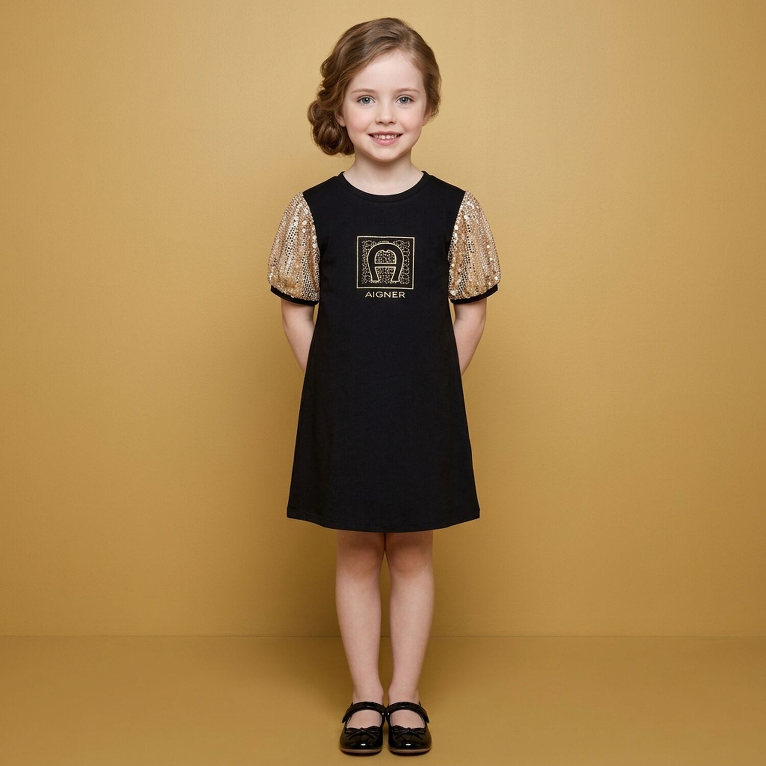 Girls Black & Gold Logo Dress, 1, hi-res