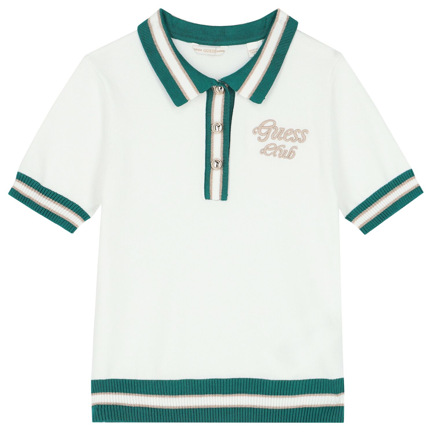 Girls White & Green Logo Knitted Polo Shirt, 1, hi-res