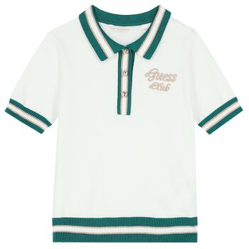 Girls White & Green Logo Knitted Polo Shirt