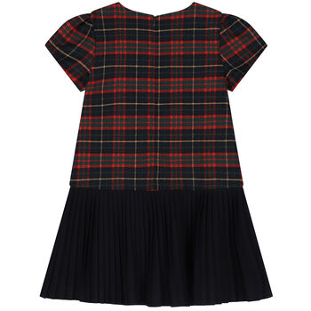Girls Navy Blue & Red Tartan Pleated Dress