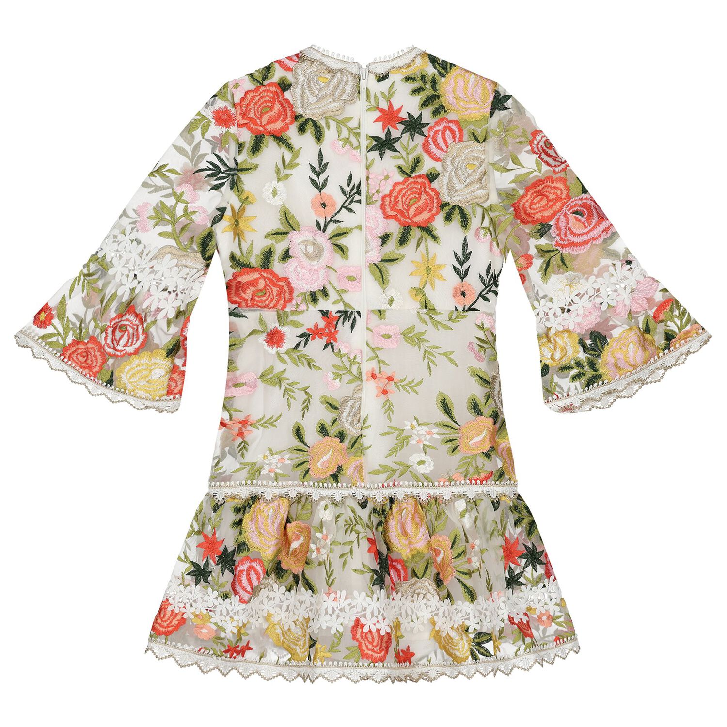 Girls White & Green Embroidered Floral Dress, 1, hi-res