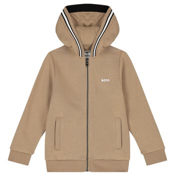 BOSS Boys Beige Logo Hooded Zip Up Top, 2 Boys Beige Logo Hooded Zip Up Top