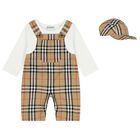 Baby Boys White & Beige Check Dungaree Set, 1, hi-res