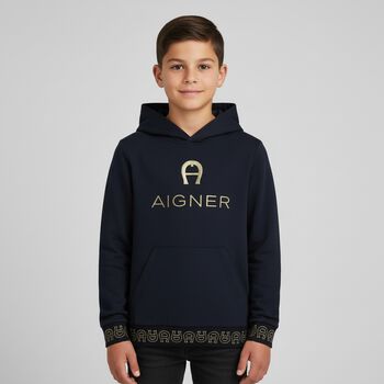 Boys Navy Logo Hooded Top